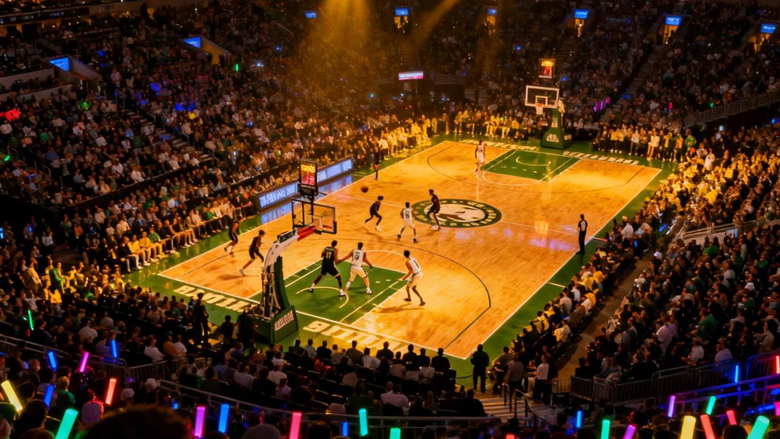 NBA季后赛东部决赛场馆内全景俯瞰，观众席座无虚席灯光璀璨的宏大场面，球场中央球员正在激烈对抗