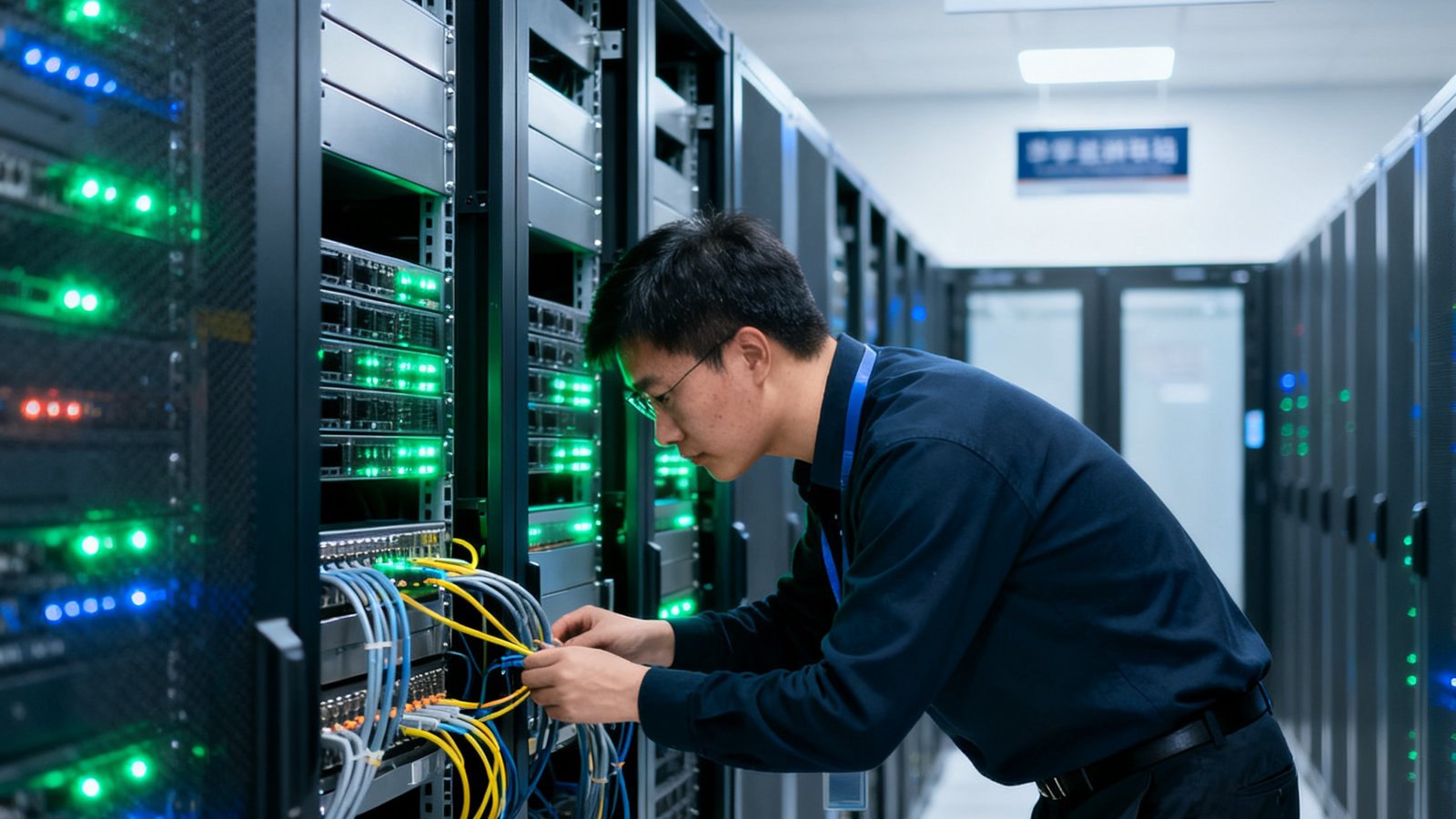 华体会HTH技术团队在新建的成都数据中心调试服务器设备的工作场景，机柜排列整齐指示灯闪烁，工程师正在检查网络连接