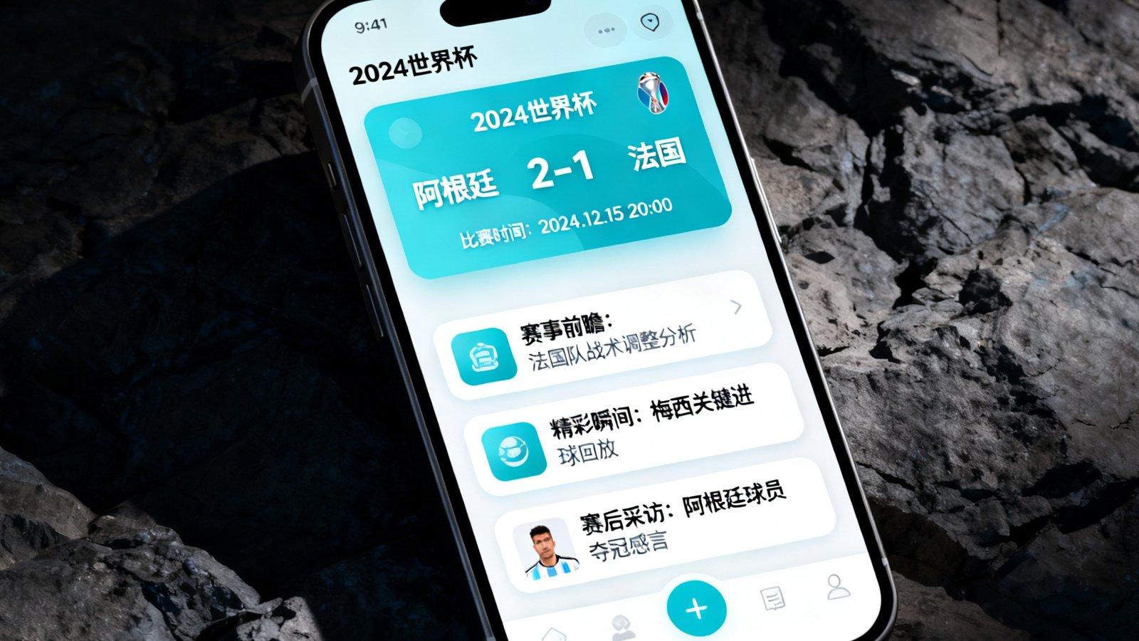 新版移动端应用界面展示，手机屏幕上清晰呈现赛事比分卡片和资讯布局，设计风格简洁现代，色彩搭配协调